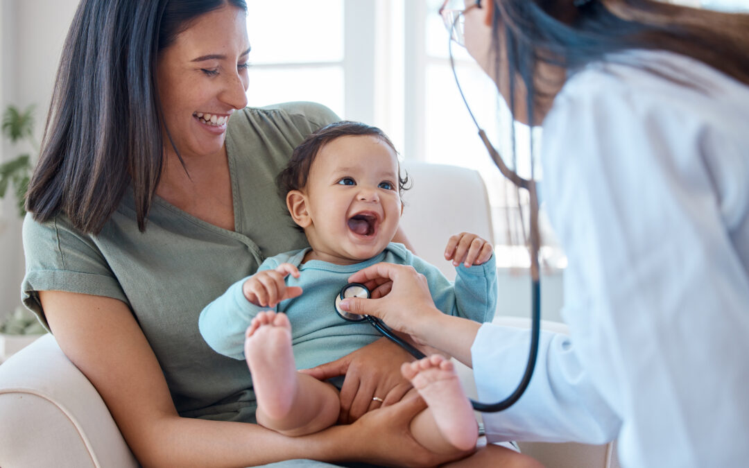 Mother, baby and stethoscope of pediatrician for healthcare consulting, check lungs and breathing for heartbeat. Doctor, happy infant kid and chest assessment in clinic, hospital and medical analysis